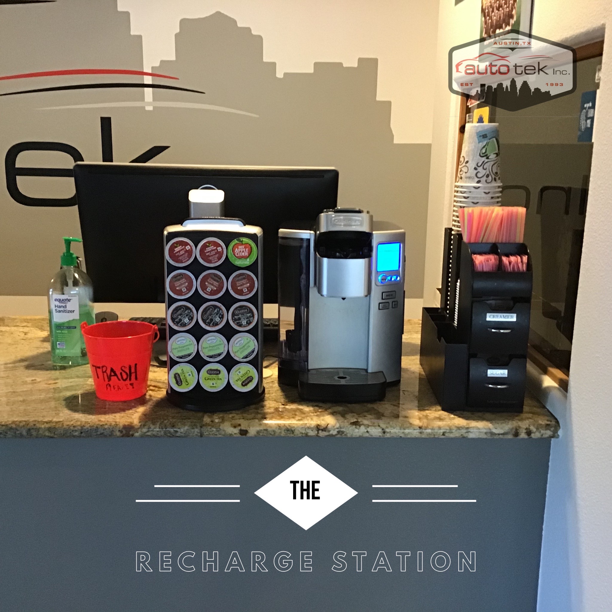 coffee station in lobby of auto tek
